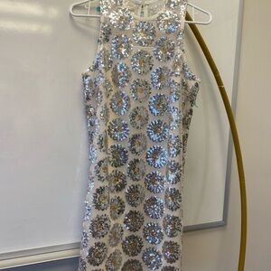 Trina Turk Silver and White Sequin Mini Dress